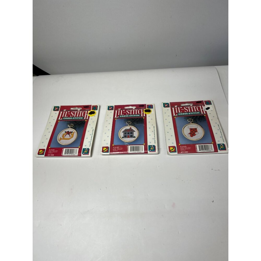 Lil-Stitch Cross-Stitch Kit Set Of 3 - Stocking, House, Horn - Frame Fabric Flos